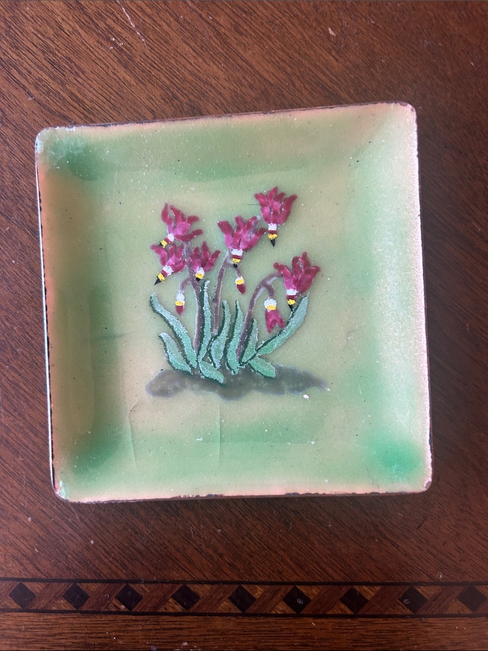 Decorative Green Ceramic Tile Plate with Pink Floral Design